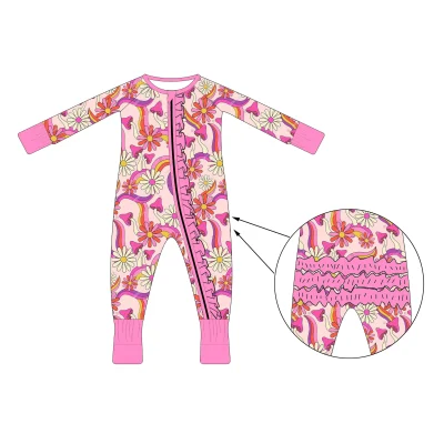 OEM Custom Print Ruffle Zipper Bamboo Baby Romper Kids 95% Viscose Bamboo+5% Spandex Clothing