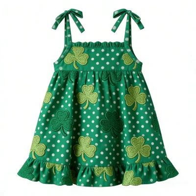 Wholesale St Patricks Day Bamboo Sleeveless Dress for Girls Lucky Charm Green Theme Organic Play Dress ODM OEM