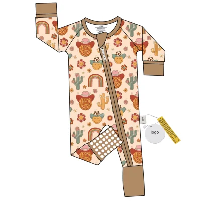 Hot Selling Popular Lovely Cow Boy Hat Pattern Long Sleeve Bamboo Cotton Double Zipper Baby Clothes