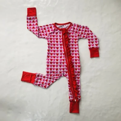 Kids Boutique Wholesale Bamboo Fiber Custom pink Flower Printing Zipper Baby Clothes with Ruffles