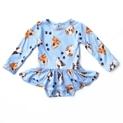 Super Cute Blue Bamboo Pajamas Dog Print Baby Dress Romper