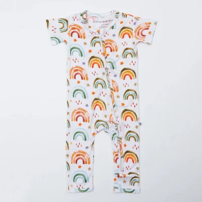 New Style Organic Bamboo Cotton rainbow Print Short Sleeve Zipper Baby Jumpsuit