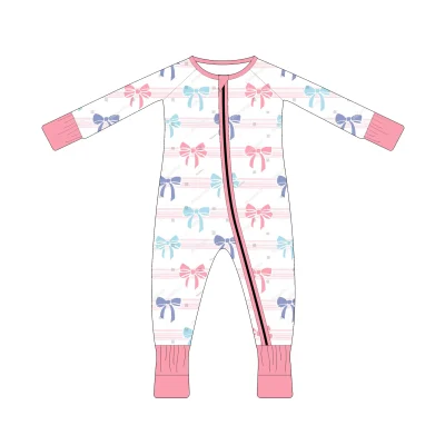Boutique Bow Pattern Baby Pajamas Double YKK Zippers Closure Toddler Clothing Kids Clothes 220gsm