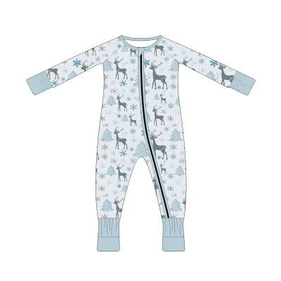 Snowball Fight Baby Romper - Fuzzy Snow Print Zippy Jumpsuit | White Bamboo Sleepwear