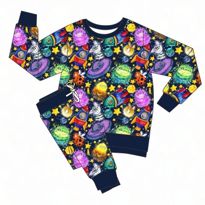 Dreamy OEM Wholesale Bamboo French Terry 2 Piece Sets Custom Checkered Kids Baby Girls Hoodie Crew Neck Sweatshirt Jogger Set
