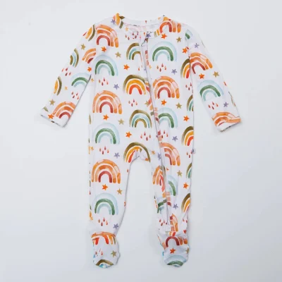 Newborn Boy Girl Print Rainbow Zipper up Bamboo Cotton Footie Baby Romper