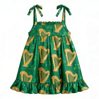 Wholesale St Patricks Day Bamboo Spaghetti Strap Dress for Baby Girls Shamrock Print Organic Festive Dress CPC Certified