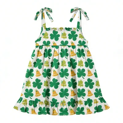 St Patricks Day Exclusive Bamboo Slip Dress for Baby Girls Celtic Clover Design Organic Soft Fabric Wholesale Fast Delivery