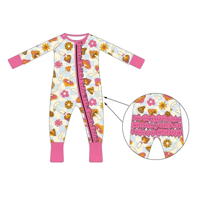 Custom Print Spring Kids Baby Bamboo Romper  Long Sleeve Toddler Baby Zipper Sleepers With Ruffle