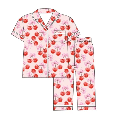 Breathable 95%Bamboo 5%Spandex Bow Cherry Pattern Baby Clothing Kids Pajamas Outfits Toddler Kids Clothing Sets