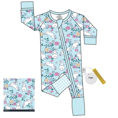 Custom Design Bamboo Cotton Baby Jumpsuit Long Sleeve Zipper Bunny Printed Baby Clothes