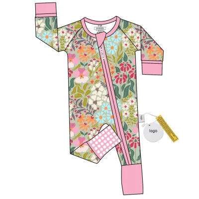 Colorful Unisex Bamboo Cotton Baby Romper Custom Printed Newborn Wholesale Pajamas Set Long Sleeve Zipper Closure