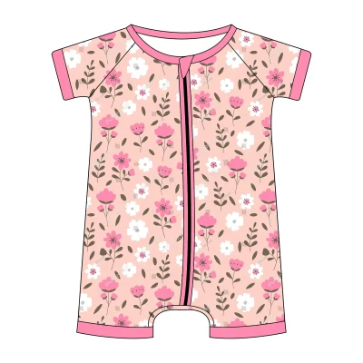 Custom Print Zippeer Short Sleeve Romper Bamboo Pajama Set Organic Bamboo  Baby Jumpsuit
