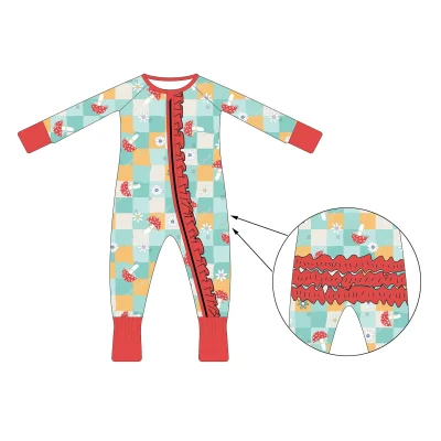 High Quality Kids Clothing Custom Printed Zipper Bamboo Baby Romper Toddler Sleepwear Ruffles Baby Girl Rompers
