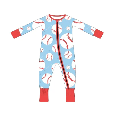 Most Popular Baseball Pattern Baby Romper Organic Bamboo Fiber Kids Pajamas Folded Cuff Toddler Clothing Baby Jumpsuit