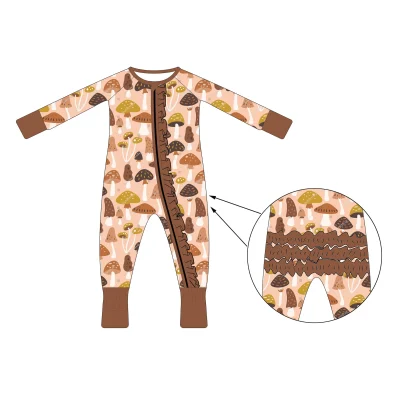 High Quality Baby Romper Girls Bamboo Jumpsuit Custom Printed Zippered Long Sleeves Ruffle Zippy for Kids Bodysuit Wholesale